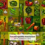 Fruit and vegetables drawn by hand