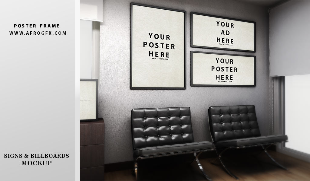 Poster frame in office free mockup psd