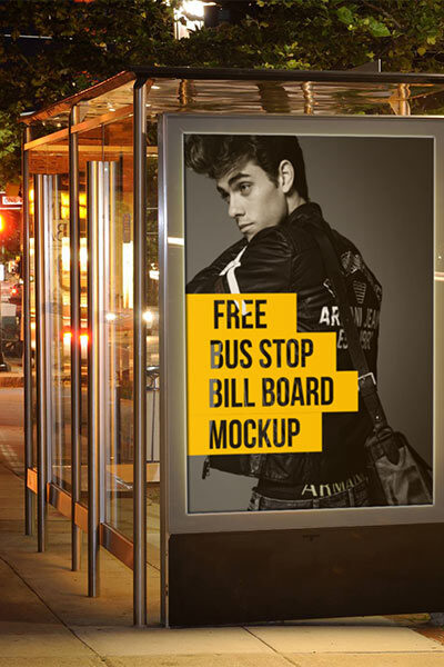 CityLight Bus stop billboard mockup in city at night (PSD) Free Mockup