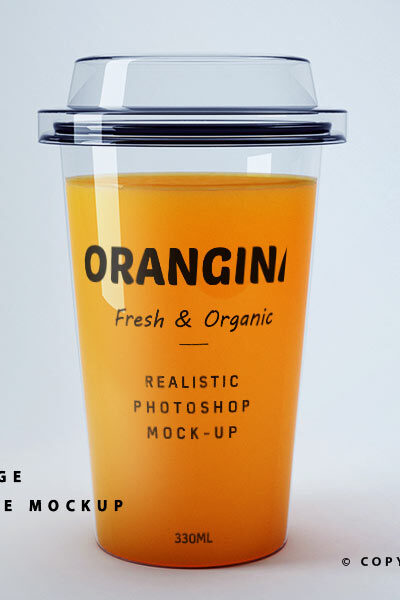 Plastic Cup Orange juice Mug PSD Free Mockup