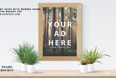 Wooden Plant Vases With Frame Poster Mock-Up PSD