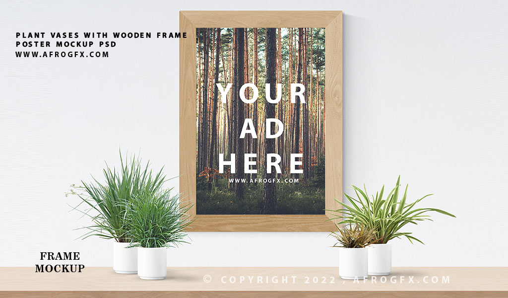 Wooden Plant Vases With Frame Poster Mock-Up PSD