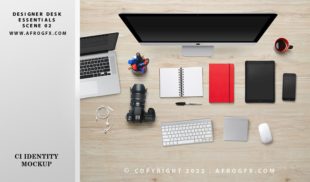 Designer Desk Essentials Your Office Desk Space Scene 02 mockup