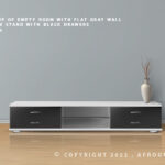 realistic mockup of empty room with flat gray wall wooden floor tv stand with black drawers