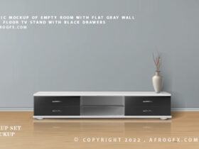 realistic mockup of empty room with flat gray wall wooden floor tv stand with black drawers