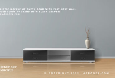 realistic mockup of empty room with flat gray wall wooden floor tv stand with black drawers