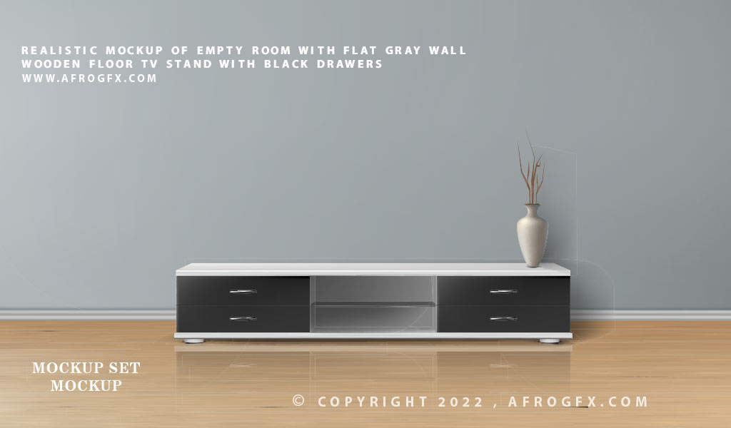 realistic mockup of empty room with flat gray wall wooden floor tv stand with black drawers